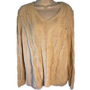 J.Jill Women Cableknit Sweater Sz L Ivory Cream V-Neck Classic Fisherman